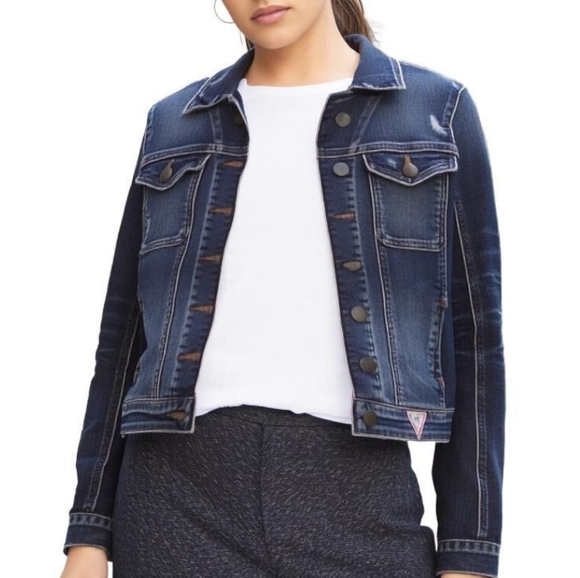 Guess Jean Jacket Vintage Y2K Mid Blue Distressed Flap Pockets Women's Small - Picture 1 of 15